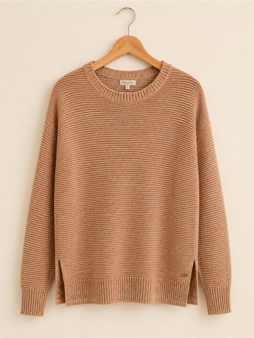 Monk & Lou 100% Cotton Marled Knit Sweater Size Small Camel Beige Side Slit